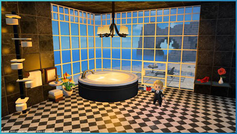  the male character with golden hair in a large, modern bath room with a large round bath tub  